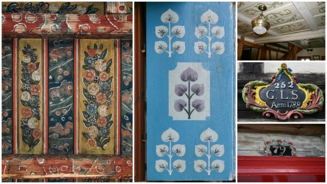 Innen: Deckenmalerei, bemalter Fensterladen und Hauszeichen, Außen: meist natürliche Holzfärbung belassen, Fachwerk hell-dunkel