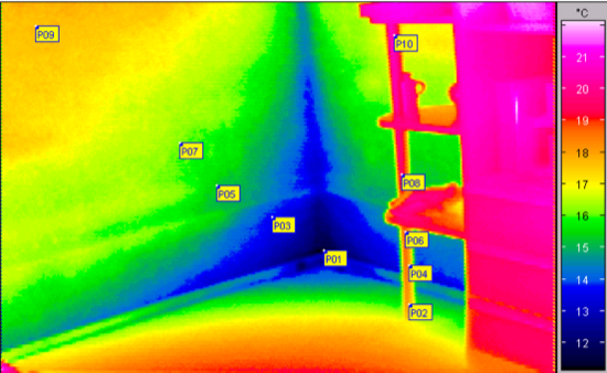 Bild 2.1.3-3: Thermografieaufnahme einer Gebäudekante von innen, Berechnung der dimensionslosen inneren Oberflächentemperatur